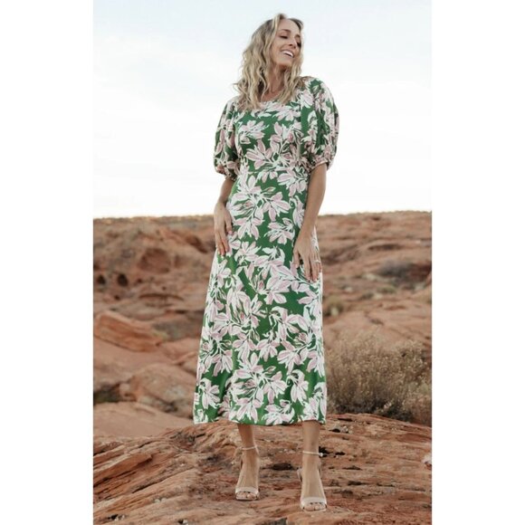 Baltic Born Tucson Midi Dress Floral Puff Sleeve Wedding Green Pink Small - Picture 2 of 16